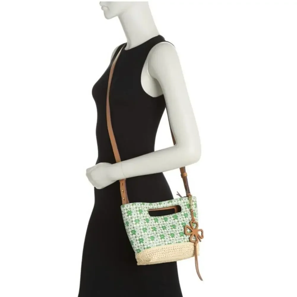 LUCKY BRAND Azon Leather/Raffia Crossbody Bag Green Tan NEW - Picture 4 of 10